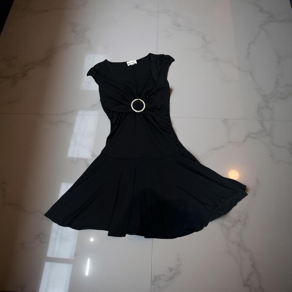 By Choice Vintage Size Large Black Cocktail Rhinestone O Ring Midi Dress - Picture 2 of 14